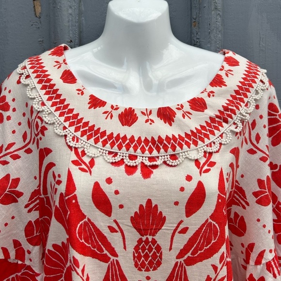 Farm Rio Jungle Flow Belted Mini Dress Red/ Cream Linen, Small - Picture 7 of 16